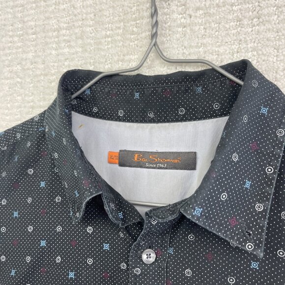 Ben Sherman Shirt Mens XL Dark Blue Geometric AOP Dots Button Down Slim Fit - Picture 5 of 12